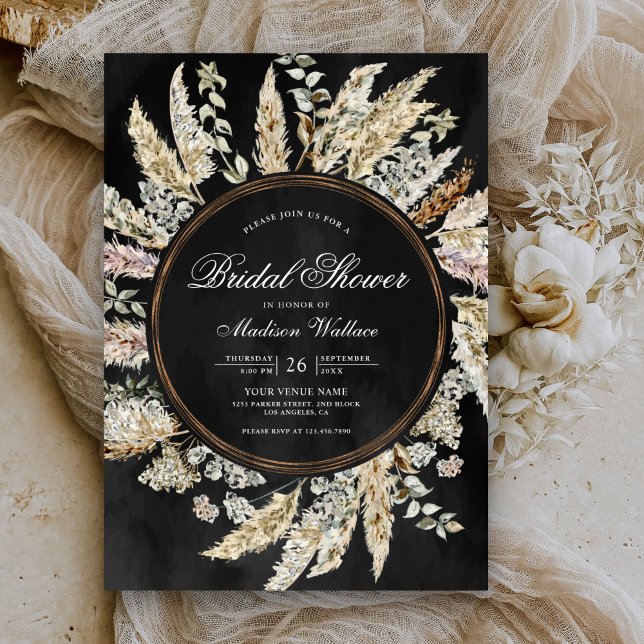 Pampas Grass Boho Wreath Black Bridal Shower Invitation (Creator Uploaded)