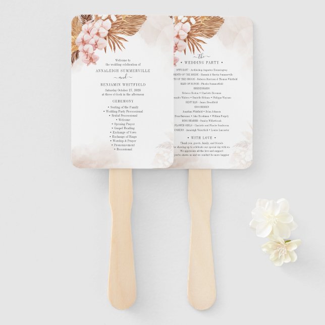 Pampas Grass Botanical Pink Floral Wedding Program Hand Fan (Front and Back)