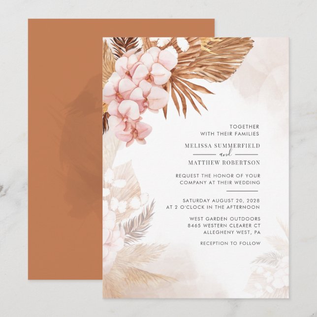 Pampas Grass Botanical Terracotta Pink Floral Invitation (Front/Back)