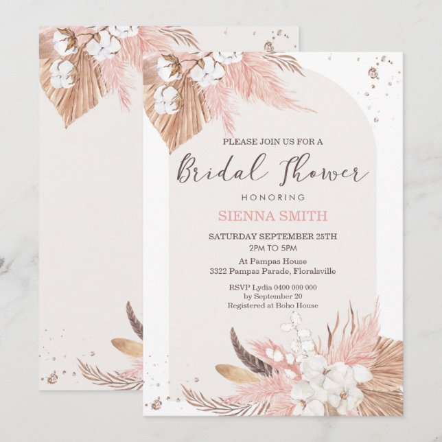 Pampas Grass Bridal Shower Invitation Boho Arch (Front/Back)
