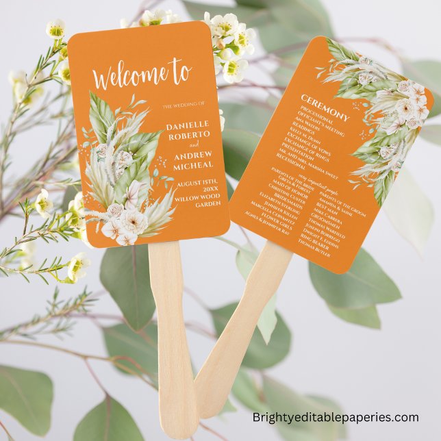 Pampas Grass Bright Terracotta Wedding Program Hand Fan (Add a touch of nature to your wedding day.)