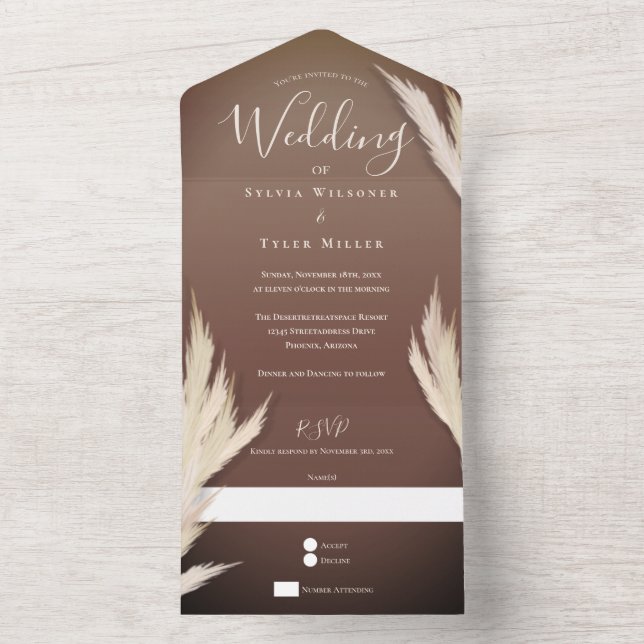 Pampas Grass Brown Wedding All In One Invitation (Inside)