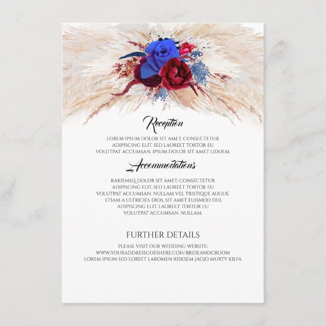 Pampas Grass Burgundy and Navy Wedding Information Enclosure Card (Front)
