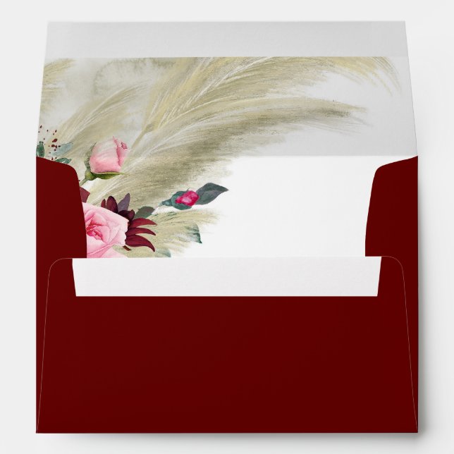 Pampas Grass Burgundy Floral Wedding Envelope (Back (Bottom))