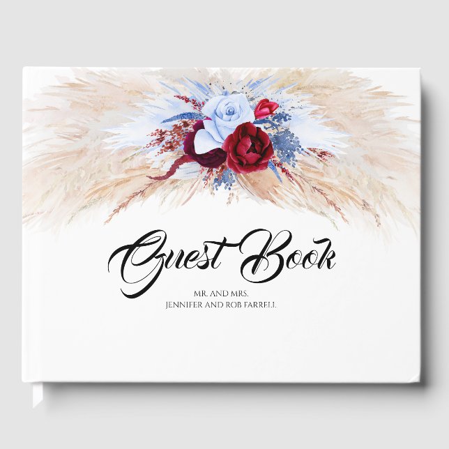 Pampas Grass Burgundy Red and Dusty Blue Wedding Guest Book (Front)