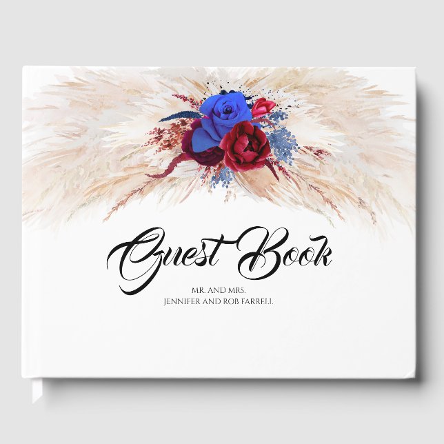 Pampas Grass Burgundy Red and Navy Blue Wedding Guest Book (Front)