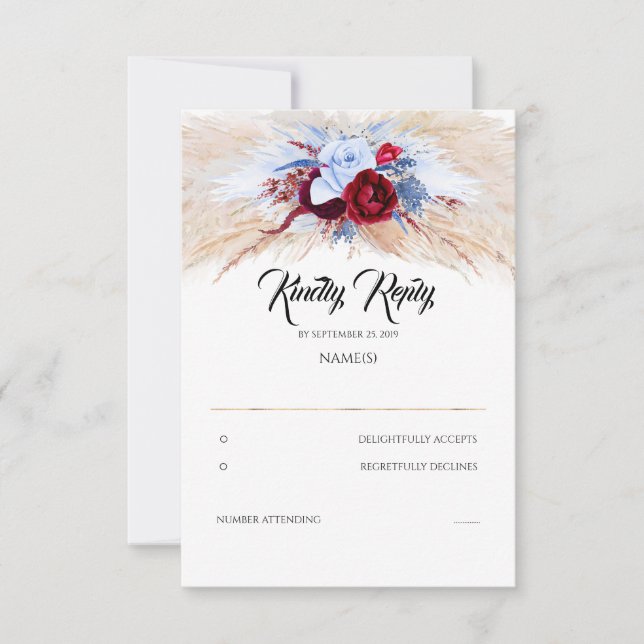 Pampas Grass Burgundy Red Dusty Blue Wedding RSVP Card (Front)