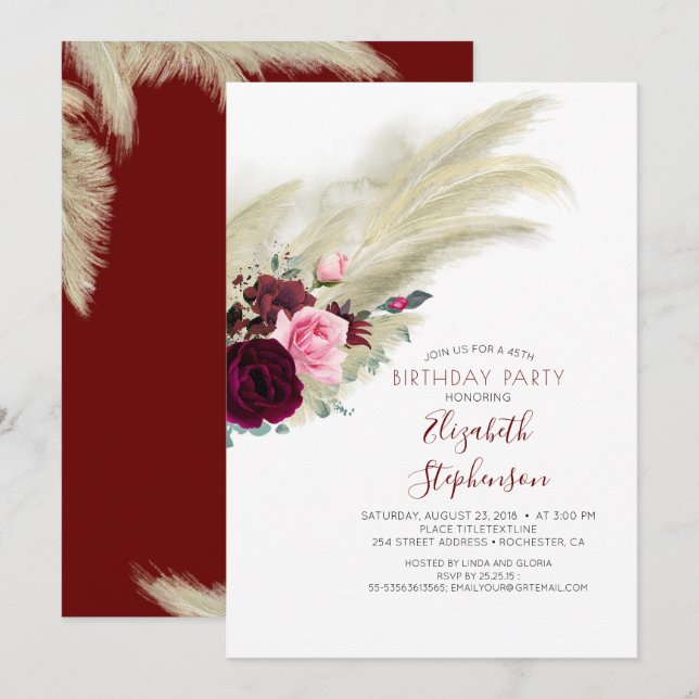 Pampas Grass Burgundy Red Floral Birthday Invitation (Front/Back)