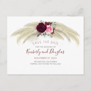 Pampas Grass Burgundy Red Floral Save the Date Announcement Postcard