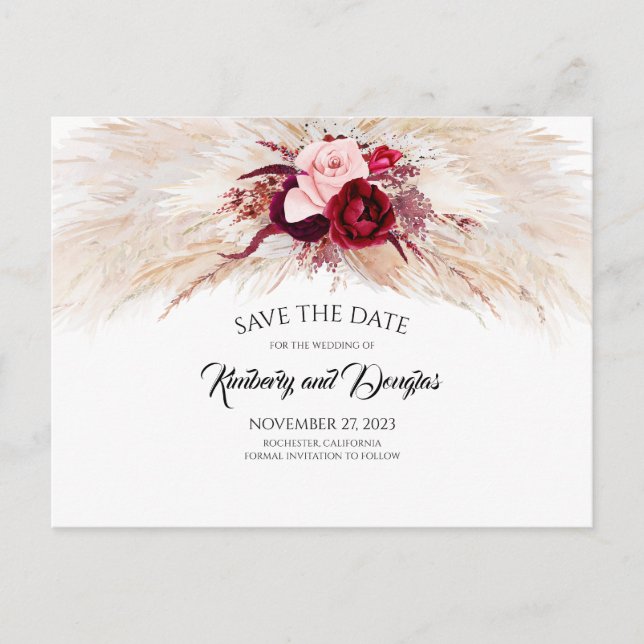 Pampas Grass Burgundy Red Floral Save the Date Announcement Postcard (Front)