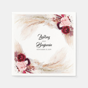Pampas Grass Burgundy Red Floral Wedding Napkin