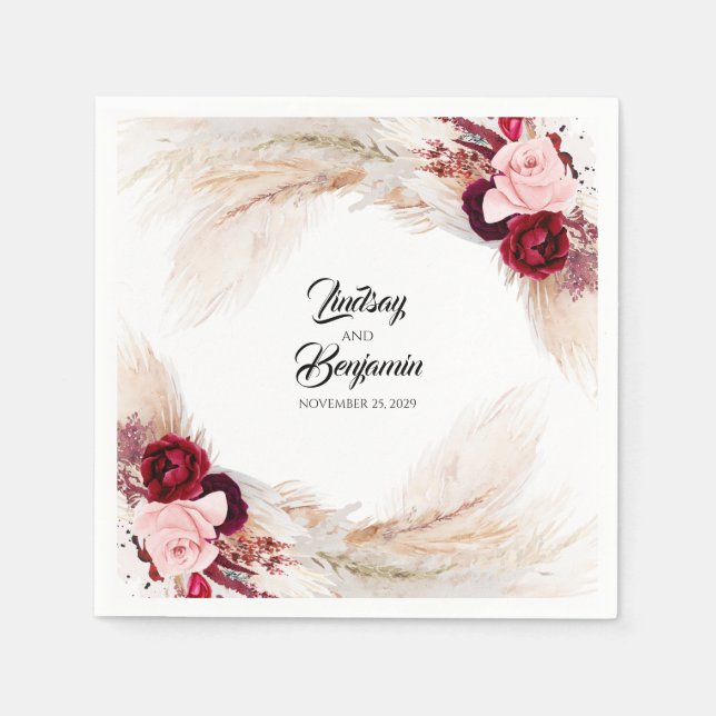 Pampas Grass Burgundy Red Floral Wedding Napkin (Front)