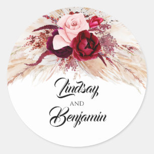 Pampas Grass Burgundy Red Modern Wedding Classic Round Sticker