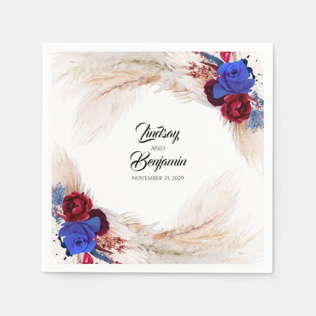 Pampas Grass Burgundy Red Navy Blue Floral Wedding Napkin (Front)