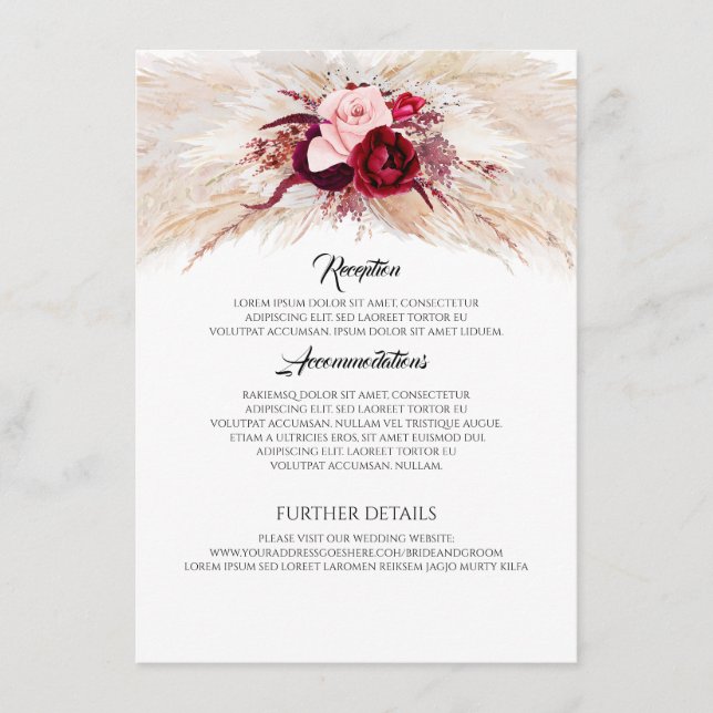 Pampas Grass Burgundy Red Wedding Information Enclosure Card (Front)