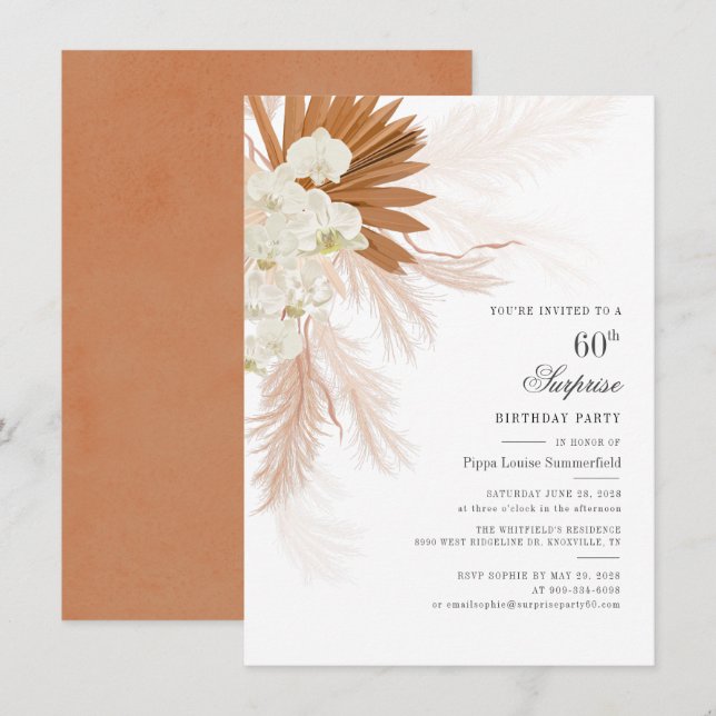 Pampas Grass Burnt Orange 60th Birthday Party Invitation (Front/Back)