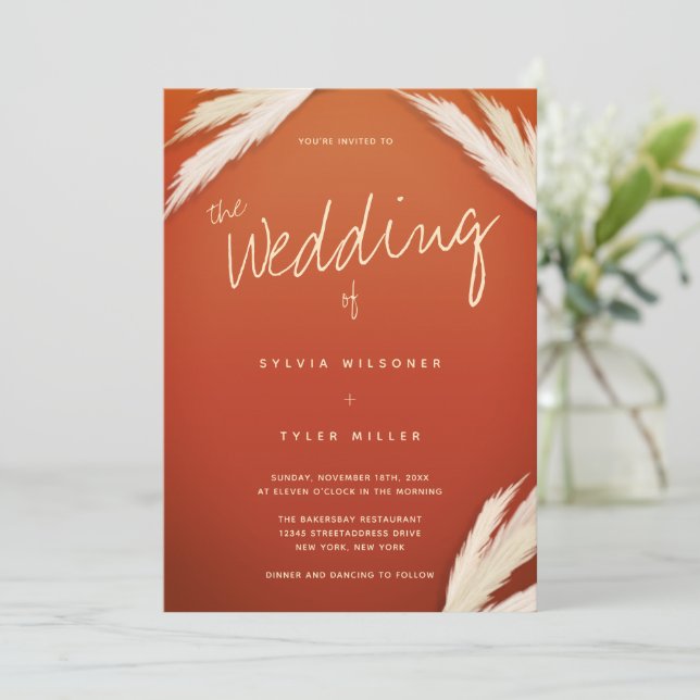 Pampas Grass Burnt Orange Wedding Invitation (Standing Front)