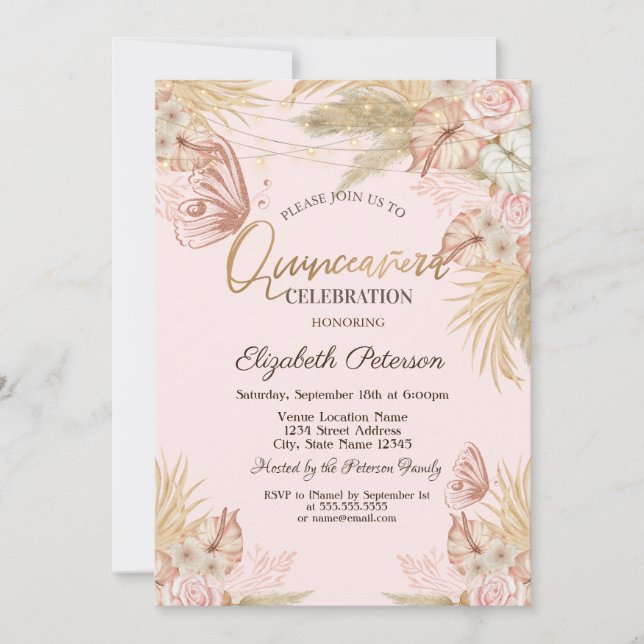 Pampas Grass Butterflies Quinceañera  Invitation (Front)