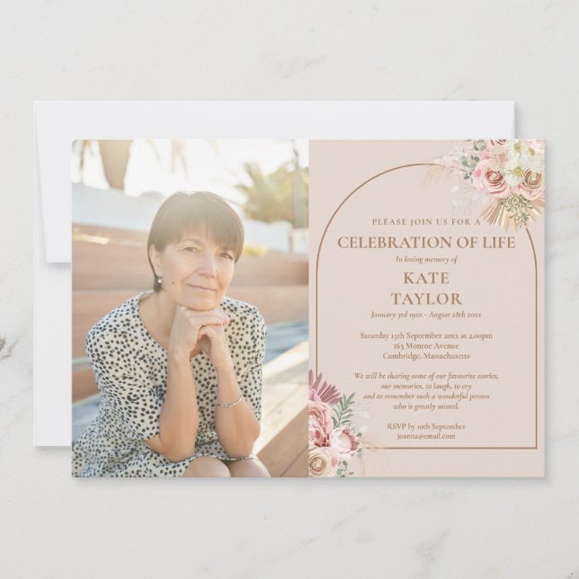 Pampas Grass Celebration of Life Funeral Photo Invitation (Front)