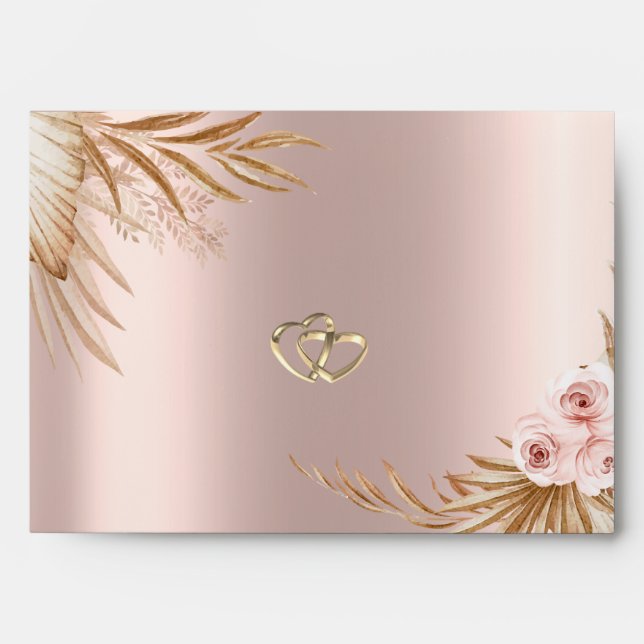 Pampas Grass Chic Gold Hearts Rose Gold Wedding Envelope (Front)
