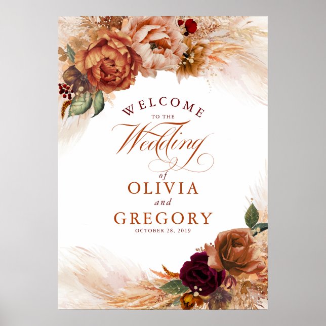 Pampas Grass Copper Rust Floral Wedding Welcome Poster (Front)