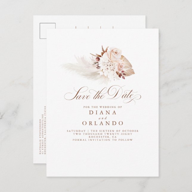 Pampas Grass Cream Flowers Exotic Save The Date Announcement Postcard (Front/Back)