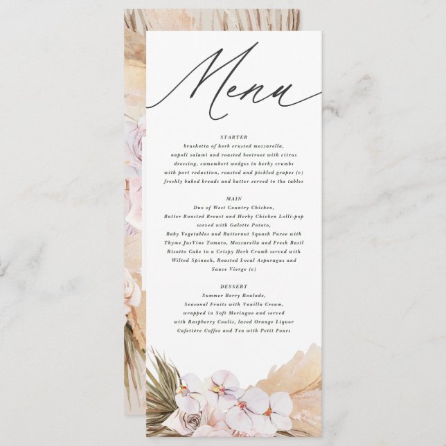 Pampas grass dried botanical bohemian script menu (Front/Back)