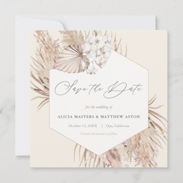 Pampas Grass Dried Botanical Hexagon Save The Date (Front)