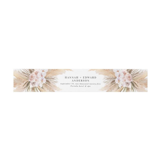 Pampas grass dried botanical script boho wedding invitation belly band (Flat)