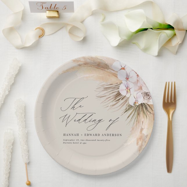 Pampas grass dried botanical script boho wedding p paper plate (Wedding)
