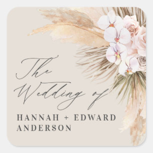Pampas grass dried botanical script boho wedding s square sticker