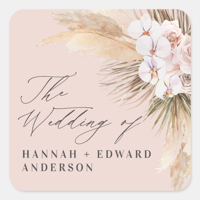Pampas grass dried botanical script boho wedding s square sticker (Front)