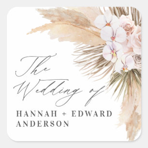 Pampas grass dried botanical script boho wedding square sticker