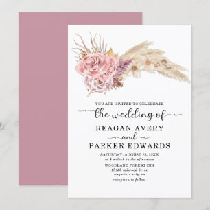 Pampas Grass Dried Floral Rose and Purple Wedding Invitation
