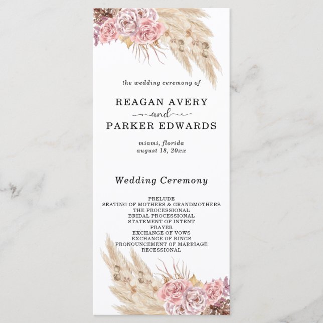 Pampas Grass Dried Floral Rose Purple Wedding Programme (Front)