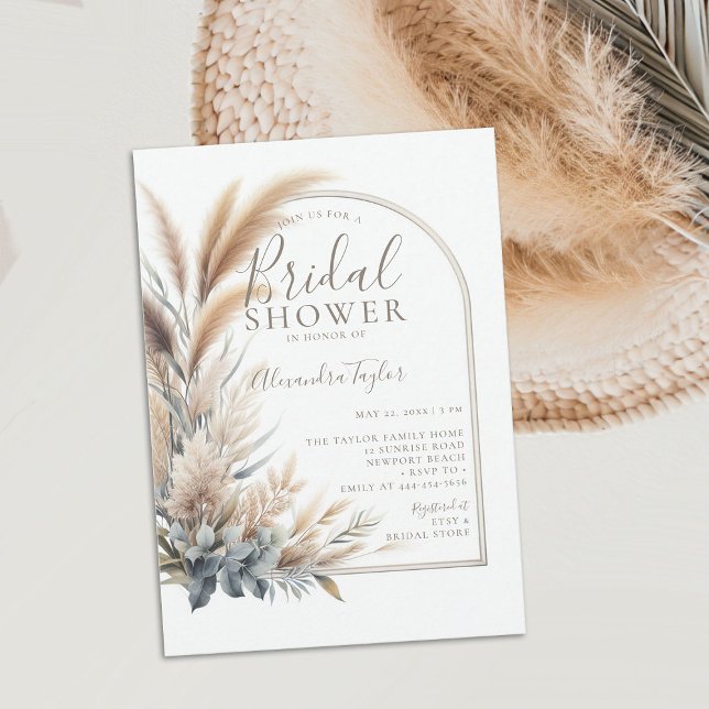 Pampas Grass Dried Flowers Boho Arch Bridal Shower Invitation (pampas grass bridal shower invitation boho arch dried flowers muted greens white minimalist bohemian)