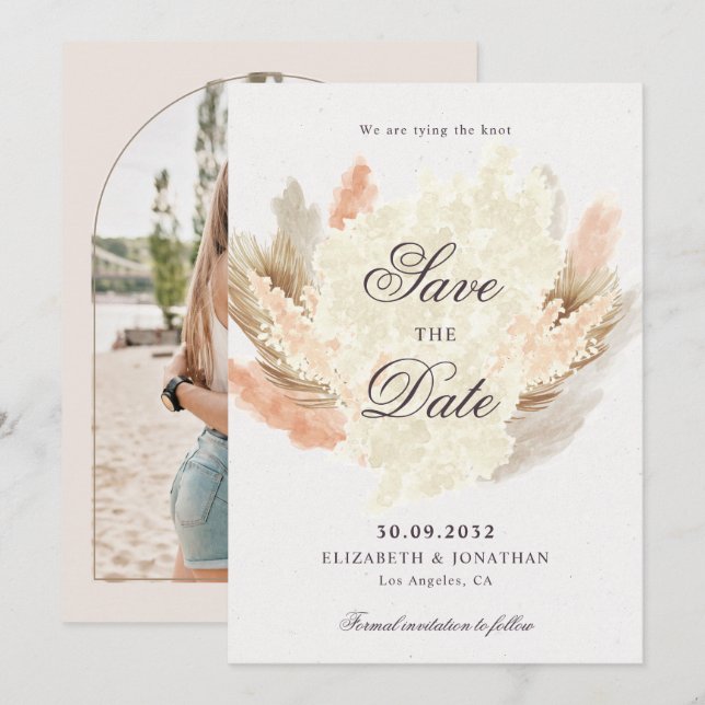 Pampas grass dried flowers boho photo save the date (Front/Back)