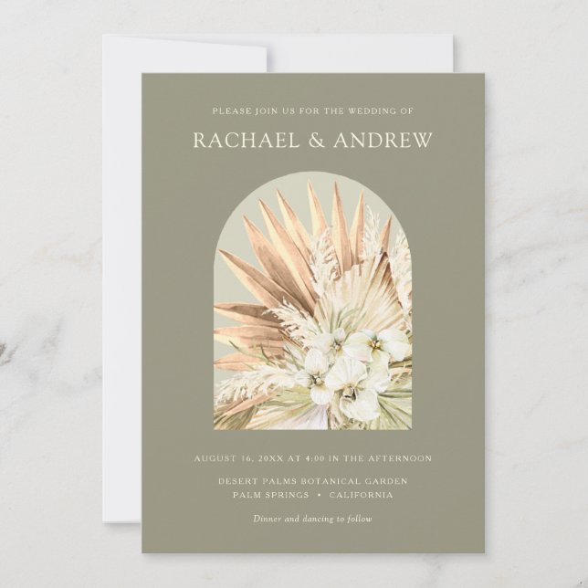 Pampas Grass Dried Flowers Modern Moss Green Arch  Invitation (Front)