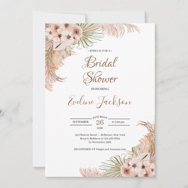 Pampas Grass Dried Palm Dusty Rose Blush Orchid Invitation (Front)