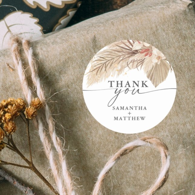 Pampas Grass Dried Palm Wedding Classic Round Sticker (Pampas grass and dried palm thank you wedding sticker.)