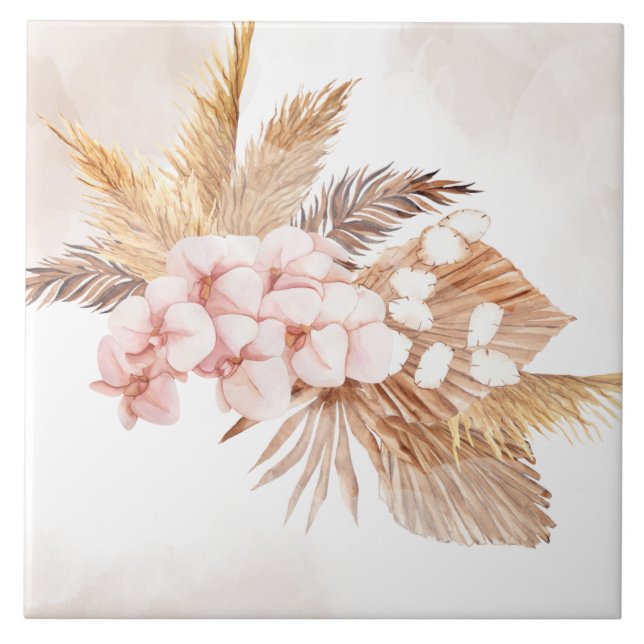 Pampas Grass Dried Palms Terracotta Pink Floral Tile (Front)