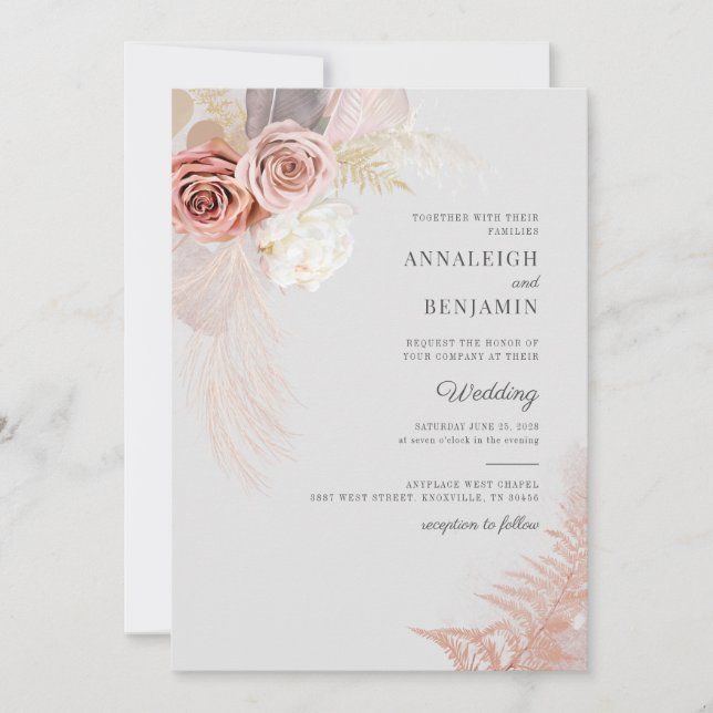 Pampas Grass Dried Palms Watercolor Wedding Invitation (Front)