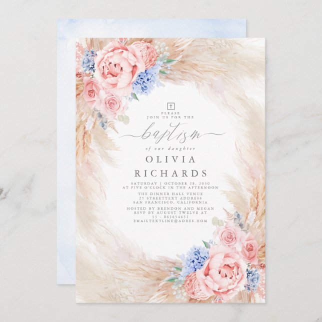 Pampas Grass Dusty Blue and Pink Baptism Invitation (Front/Back)