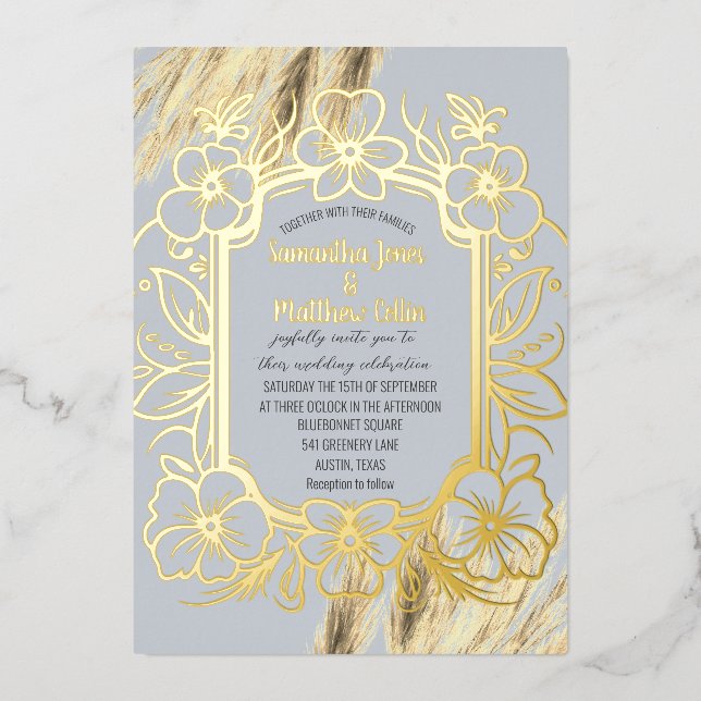 Pampas Grass Dusty Blue Boho Gold Foil Wedding (Front)