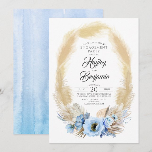 Pampas Grass Dusty Blue Floral Engagement Party Invitation (Front/Back)