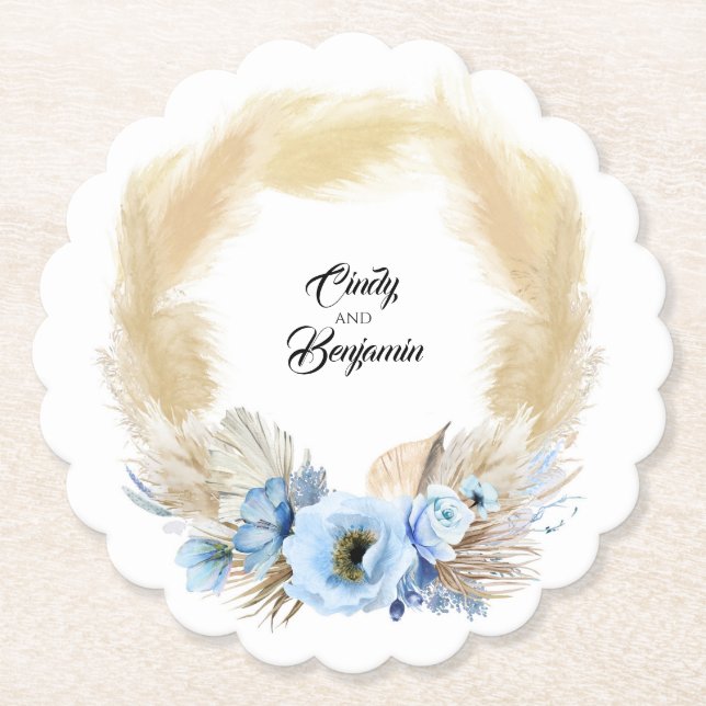Pampas Grass Dusty Blue Floral Wreath Boho Summer Paper Coaster (Front)