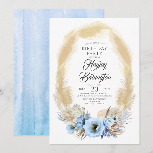 Pampas Grass Dusty Blue Flowers Birthday Party Invitation (Front/Back)
