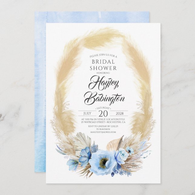 Pampas Grass Dusty Blue Flowers Bridal Shower Invitation (Front/Back)