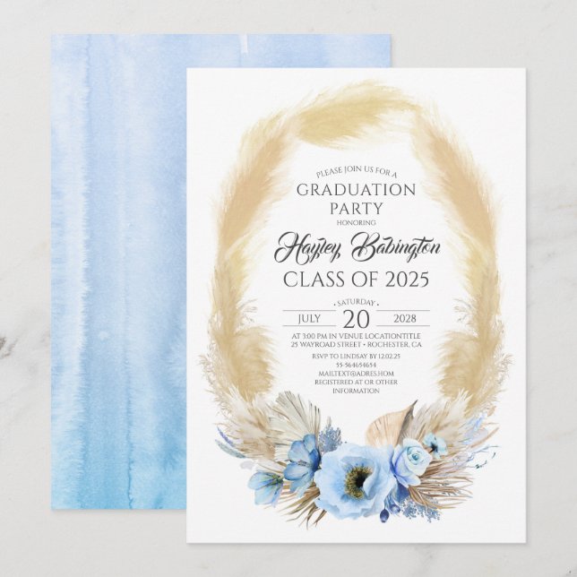 Pampas Grass Dusty Blue Flowers Graduation Party Invitation (Front/Back)