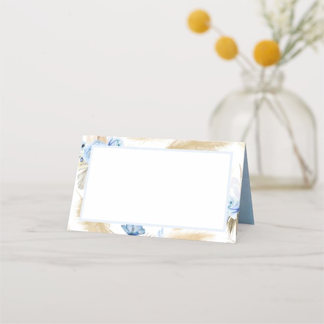 Pampas Grass Dusty Blue Flowers Wedding Place Card (Front)